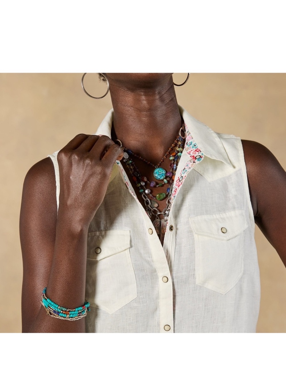 Sundance Pure White Linen Willow Sleeveless Top Pearl Snap Front XL Button-down - Picture 9 of 15